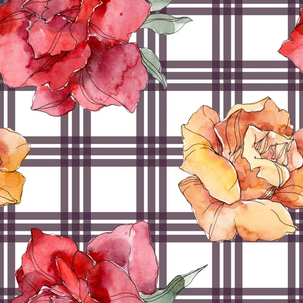 Rosa naranja y roja flor botánica floral. Hoja de primavera salvaje aislada. Juego de ilustración en acuarela. Acuarela dibujo moda aquarelle. Patrón de fondo sin costuras. Textura de impresión de papel pintado de tela . - foto de stock