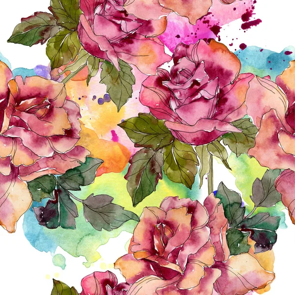 Maroon pink rose floral botanical flower. Wild spring leaf isolated. Watercolor illustration set. Watercolour drawing fashion aquarelle. Seamless background pattern. Fabric wallpaper print texture. — Stock Photo