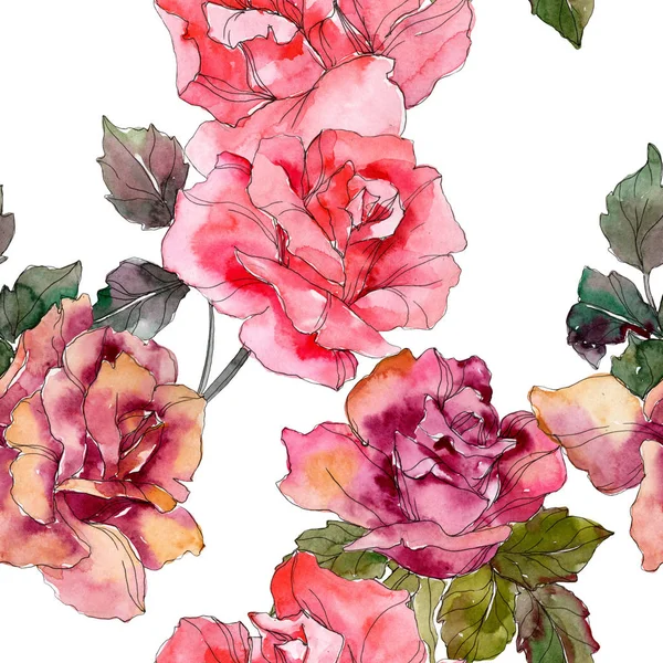 Rose rose fleur botanique florale. Feuille de printemps sauvage isolée. Ensemble d'illustration aquarelle. Aquarelle dessin mode aquarelle. Modèle de fond sans couture. Texture d'impression papier peint tissu . — Photo de stock