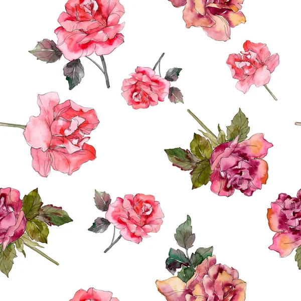 Рожева троянда квіткова ботанічна квітка. Дикий весняний лист ізольований. Набір акварельних ілюстрацій. Акварель для акварелі. Безшовний візерунок тла. Текстура друку тканинних шпалер . — стокове фото