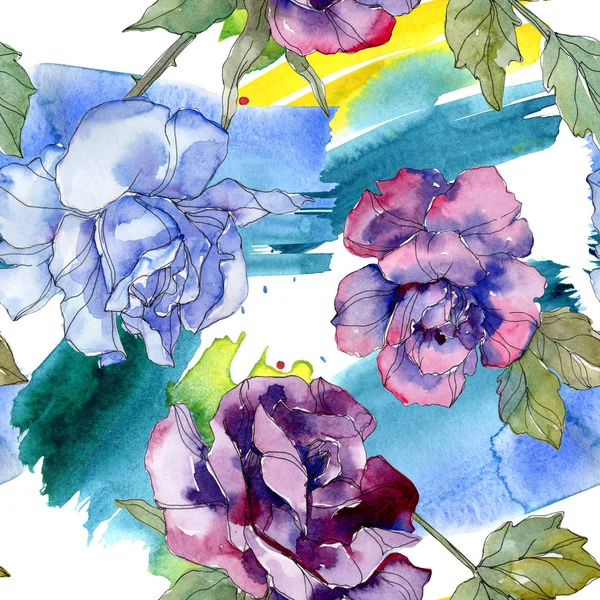 Blue and purple rose floral botanical flower. Wild spring leaf isolated. Watercolor illustration set. Watercolour drawing aquarelle. Seamless background pattern. Fabric wallpaper print texture. — Stock Photo
