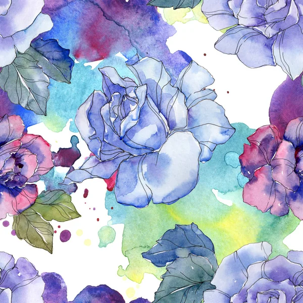 Blue and purple rose floral botanical flower. Wild spring leaf isolated. Watercolor illustration set. Watercolour drawing aquarelle. Seamless background pattern. Fabric wallpaper print texture. — Stock Photo