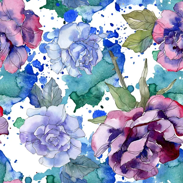 Blue and purple rose floral botanical flower. Wild spring leaf isolated. Watercolor illustration set. Watercolour drawing aquarelle. Seamless background pattern. Fabric wallpaper print texture. — Stock Photo