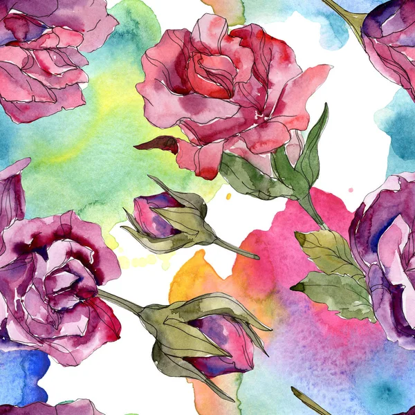 Purple and red rose botanical flowers. Wild spring leaf isolated. Watercolor illustration set. Watercolour drawing fashion aquarelle. Seamless background pattern. Fabric wallpaper print texture. — Stock Photo