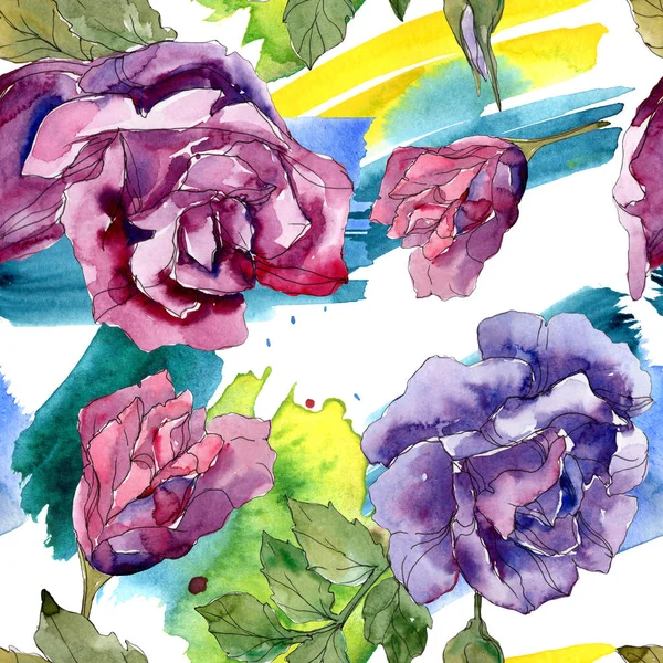 Purple and red rose botanical flowers. Wild spring leaf isolated. Watercolor illustration set. Watercolour drawing fashion aquarelle. Seamless background pattern. Fabric wallpaper print texture. — Stock Photo