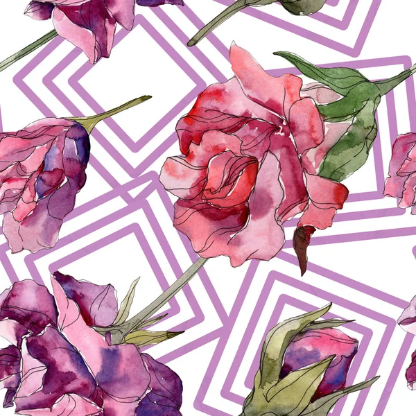 Purple and red rose botanical flowers. Wild spring leaf isolated. Watercolor illustration set. Watercolour drawing fashion aquarelle. Seamless background pattern. Fabric wallpaper print texture. — Stock Photo