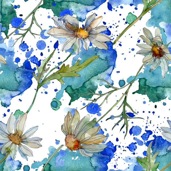 Camomilles avec des feuilles vertes illustration aquarelle, motif de fond sans couture — Photo de stock