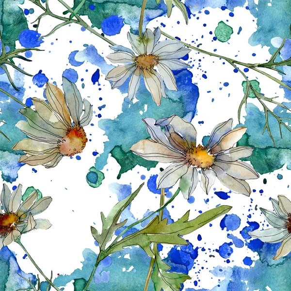 Camomilles avec des feuilles vertes illustration aquarelle, motif de fond sans couture — Photo de stock