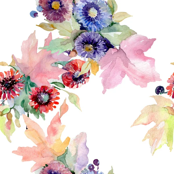 Blumenstrauß botanische Blumen. wildes Frühlingsblatt Wildblume isoliert. Aquarell-Illustrationsset vorhanden. Aquarell zeichnen Mode-Aquarell. nahtlose Hintergrundmuster. Stoff Tapete drucken Textur. — Stockfoto