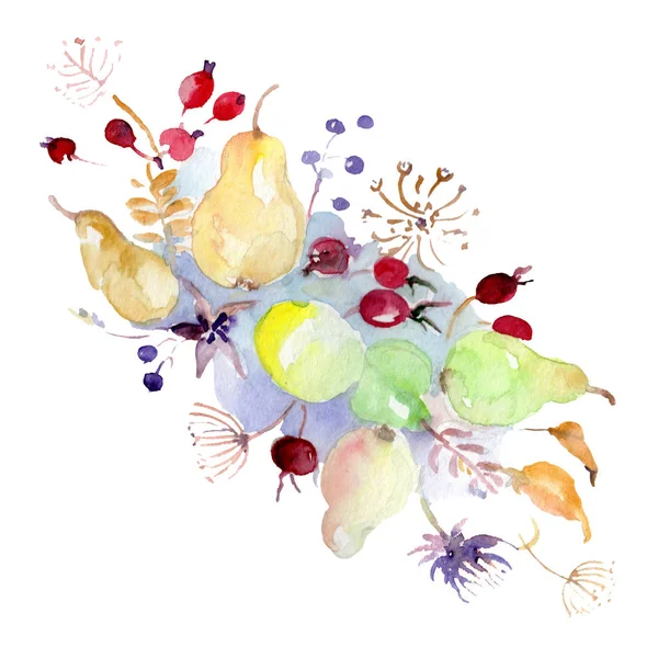 Bouquet with flowers and fruits. Wild spring leaf wildflower isolated. Watercolor background illustration set. Watercolour drawing fashion aquarelle. Isolated bouquet illustration element. — Stock Photo