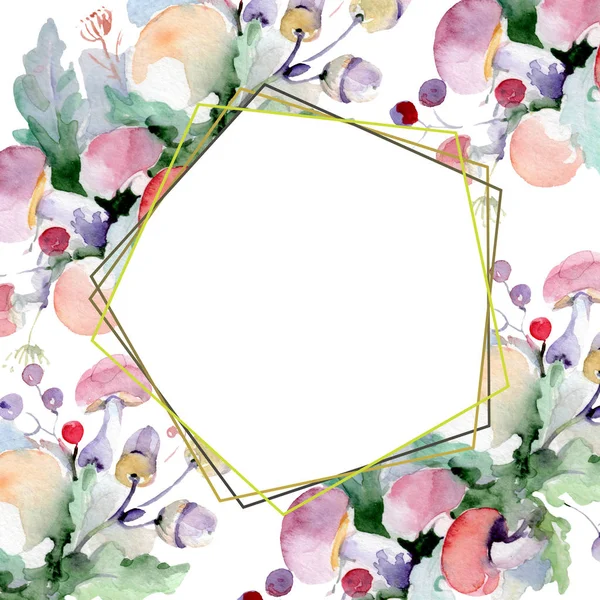 Buquê com flores e frutas. Folha selvagem primavera wildflower isolado. Conjunto de ilustração de fundo aquarela. Aquarelle desenho aquarelle moda isolado. Quadro borda ornamento quadrado . — Fotografia de Stock