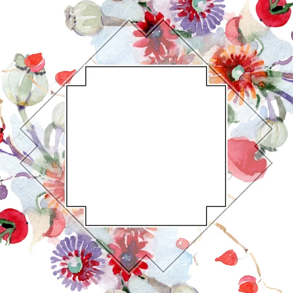 Bouquet with flowers and fruits. Wild spring leaf wildflower isolated. Watercolor background illustration set. Watercolour drawing fashion aquarelle isolated. Frame border ornament square. — Stock Photo