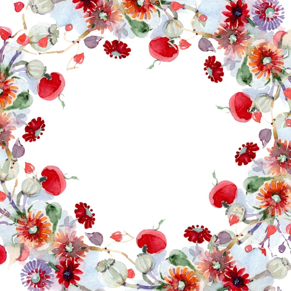 Bouquet con fiori e frutta. Fiore selvatico primaverile isolato. Acquerello sfondo illustrazione set. Acquerello disegno moda acquerello isolato. Quadrato ornamento bordo cornice . — Foto stock