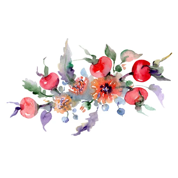 Bouquet con fiori e frutta. Fiore selvatico primaverile isolato. Acquerello sfondo illustrazione set. Acquerello disegno moda acquerello. Elemento di illustrazione bouquet isolato . — Foto stock