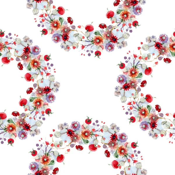 Strauß mit Blumen und Früchten. wildes Frühlingsblatt Wildblume isoliert. Aquarell-Illustrationsset vorhanden. Aquarell zeichnen Mode-Aquarell. nahtlose Hintergrundmuster. Stoff Tapete drucken Textur. — Stockfoto