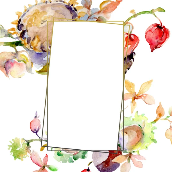 Buquê de frutos da floresta de outono. Folha de primavera selvagem isolada. Conjunto de ilustração de fundo aquarela. Aquarelle desenho aquarelle moda isolado. Quadro borda cristal ornamento quadrado . — Fotografia de Stock