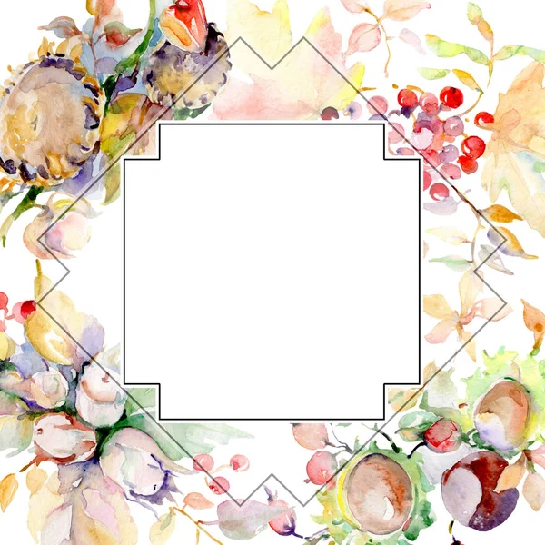 Bouquet of autumn forest fruits. Wild spring leaf isolated. Watercolor background illustration set. Watercolour drawing fashion aquarelle isolated. Frame border ornament square. — Stock Photo