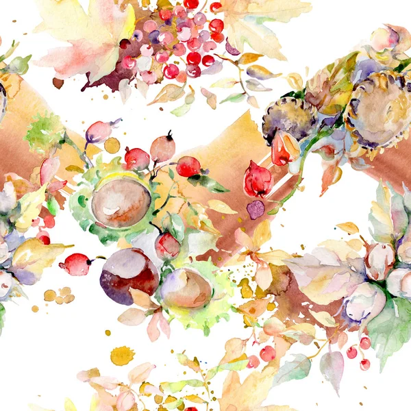 Bouquet of autumn forest fruits. Wild spring leaf isolated. Watercolor illustration set. Watercolour drawing fashion aquarelle isolated. Seamless background pattern. Fabric wallpaper print texture. — Stock Photo