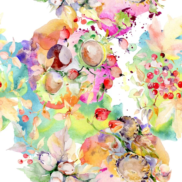 Bouquet of autumn forest fruits. Wild spring leaf isolated. Watercolor illustration set. Watercolour drawing fashion aquarelle isolated. Seamless background pattern. Fabric wallpaper print texture. — Stock Photo