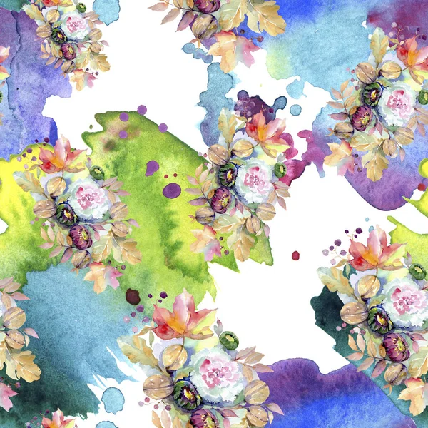 Blumensträuße botanische Blume. wildes Frühlingsblatt isoliert. Aquarell-Illustrationsset vorhanden. Aquarellzeichnung Modeaquarell isoliert. nahtlose Hintergrundmuster. Stoff Tapete drucken Textur. — Stockfoto