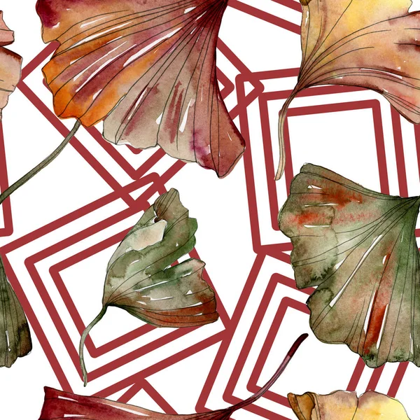 Green red ginkgo biloba leaves. Watercolor background illustration set. Seamless background pattern. — Stock Photo