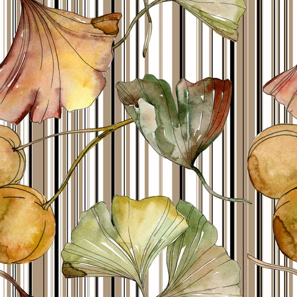 Green red ginkgo biloba leaves. Watercolor background illustration set. Seamless background pattern. — Stock Photo