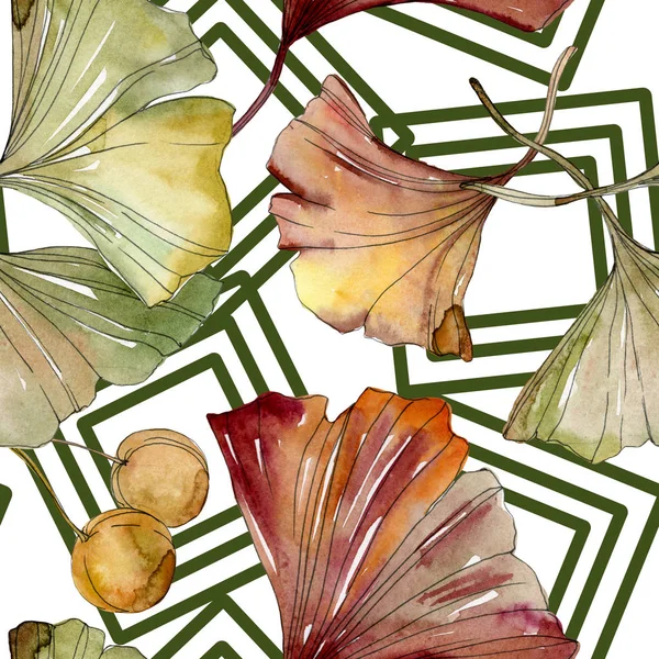 Green red ginkgo biloba leaves. Watercolor background illustration set. Seamless background pattern. — Stock Photo