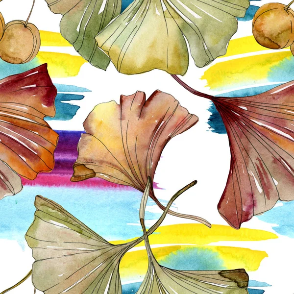 Green red ginkgo biloba leaves. Watercolor background illustration set. Seamless background pattern. — Stock Photo