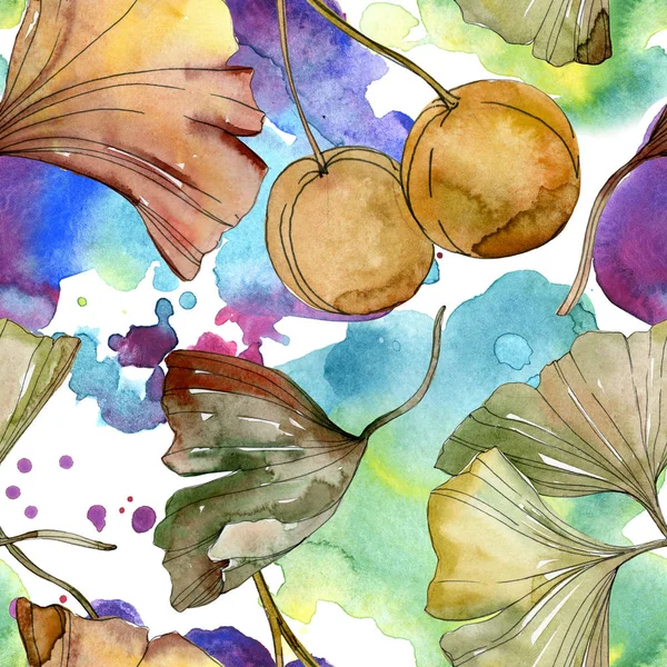 Green red ginkgo biloba leaves. Watercolor background illustration set. Seamless background pattern. — Stock Photo