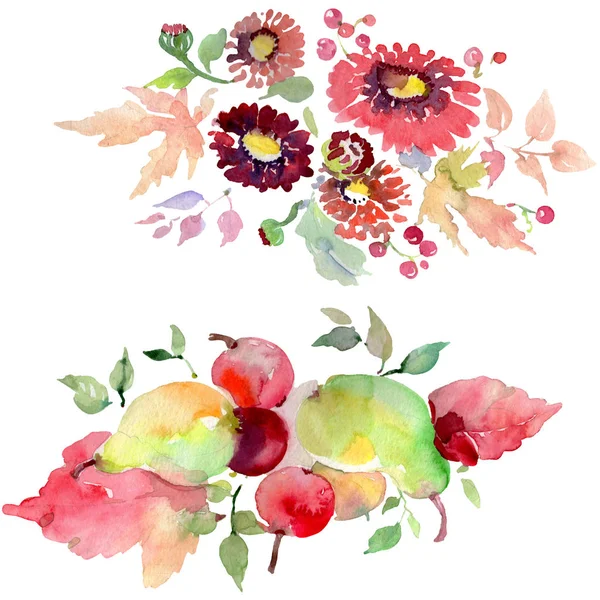 Bouquets com flores e frutas. Conjunto de ilustração de fundo aquarela. Isolados buquês elemento ilustrativo . — Fotografia de Stock