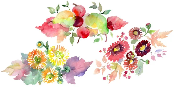 Bouquets com flores e frutas. Conjunto de ilustração de fundo aquarela. Isolados buquês elemento ilustrativo . — Fotografia de Stock