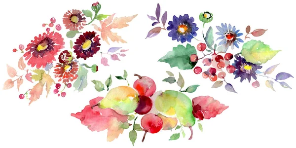 Bouquets with flowers and fruits. Watercolor background illustration set. Isolated bouquets illustration element. — Stock Photo