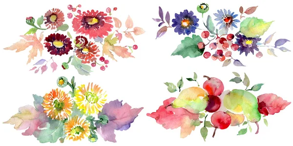Bouquets with flowers and fruits. Watercolor background illustration set. Isolated bouquets illustration element. — Stock Photo