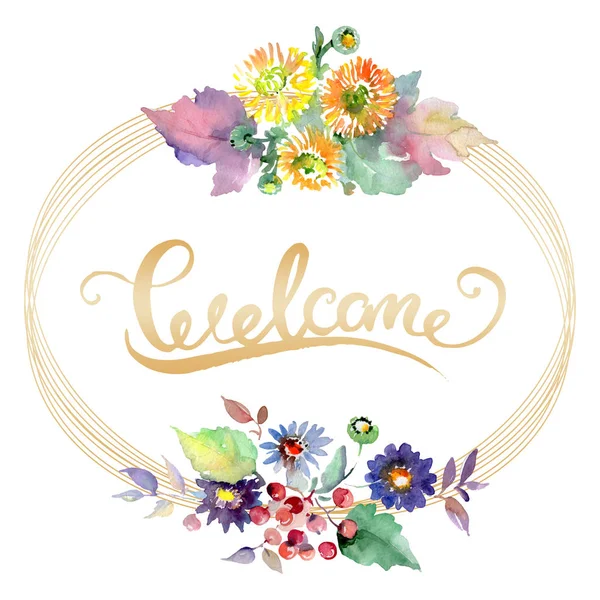 Bouquets with flowers and fruits. Watercolor background illustration set. Frame border ornament square. — Stock Photo
