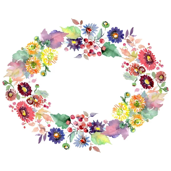 Sträuße mit Blumen und Früchten. Aquarell Hintergrundillustration Set. Rahmen Rand Ornament Quadrat. — Stockfoto