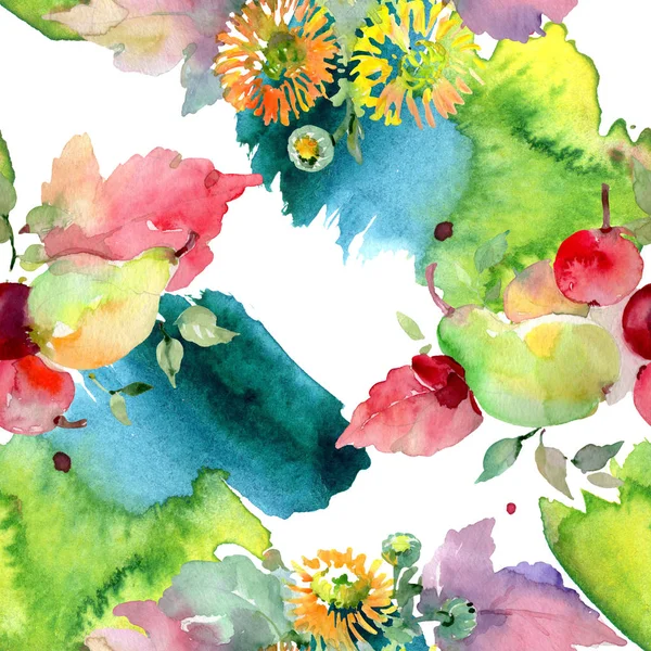 Bouquets de fleurs et de fruits. Ensemble d'illustration de fond aquarelle. Modèle de fond sans couture . — Photo de stock