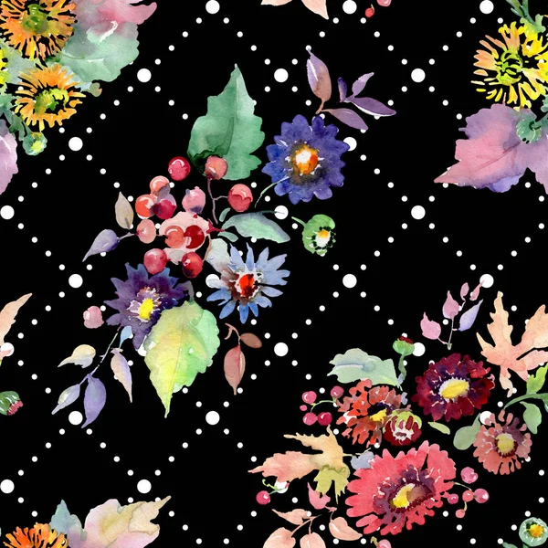 Bouquets with flowers and fruits. Watercolor background illustration set. Seamless background pattern. — Stock Photo