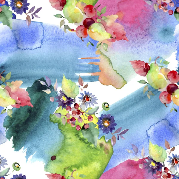 Bouquets con fiori e frutta. Acquerello sfondo illustrazione set. Modello di sfondo senza soluzione di continuità . — Foto stock