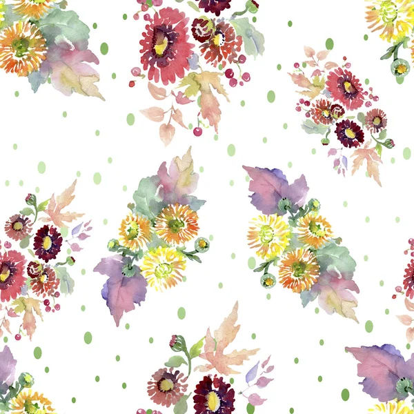 Sträuße mit Blumen und Früchten. Aquarell Hintergrundillustration Set. nahtloses Hintergrundmuster. — Stockfoto