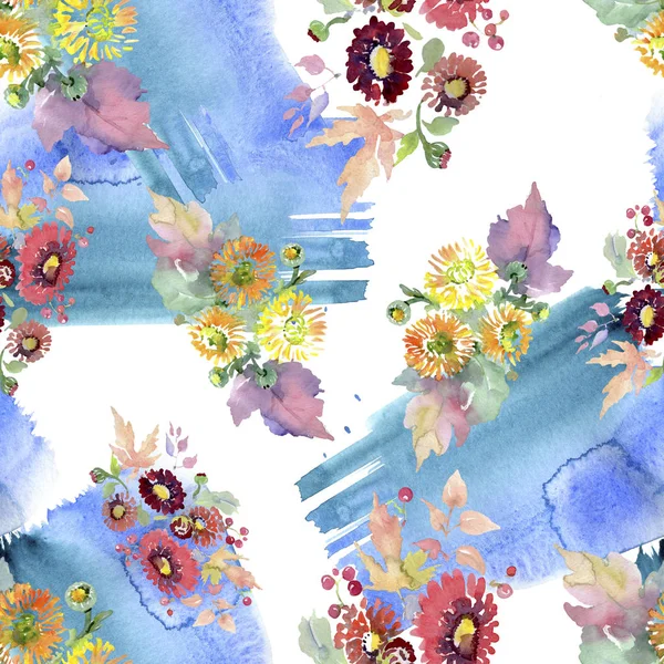 Sträuße mit Blumen und Früchten. Aquarell Hintergrundillustration Set. nahtloses Hintergrundmuster. — Stockfoto