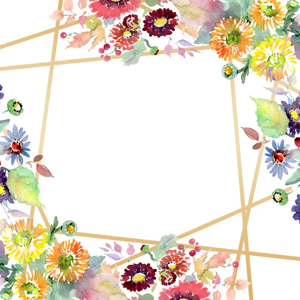 Bouquets with flowers and fruits. Watercolor background illustration set. Frame border ornament square. — Stock Photo
