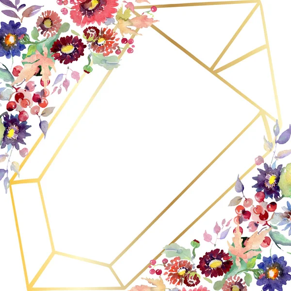 Sträuße mit Blumen und Früchten. Aquarell Hintergrundillustration Set. Rahmen Rand Ornament Quadrat. — Stockfoto