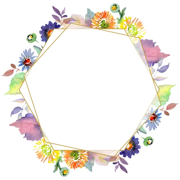 Sträuße mit Blumen und Früchten. Aquarell Hintergrundillustration Set. Rahmen Rand Ornament Quadrat. — Stockfoto