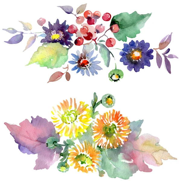 Bouquets com flores e frutas. Conjunto de ilustração de fundo aquarela. Isolados buquês elemento ilustrativo . — Fotografia de Stock