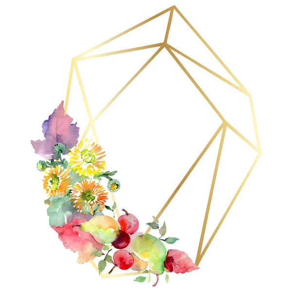 Bouquets de fleurs et de fruits. Ensemble d'illustration de fond aquarelle. Cadre bordure ornement carré . — Photo de stock