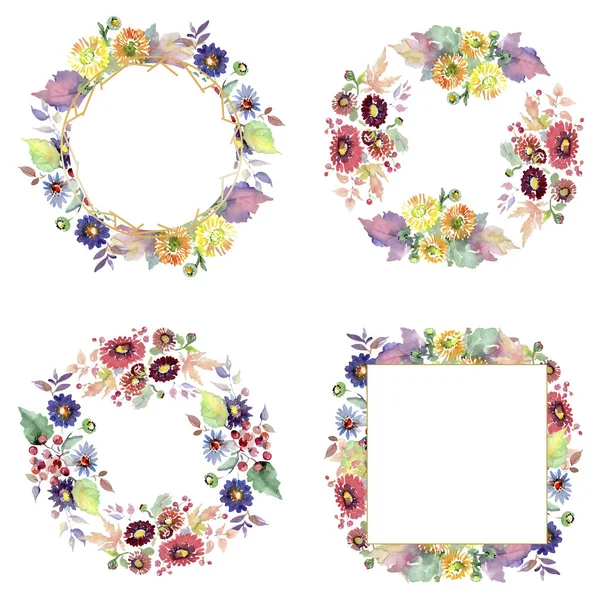 Sträuße mit Blumen und Früchten. Aquarell Hintergrundillustration Set. Rahmen Rand Ornament Quadrat. — Stockfoto