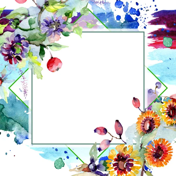 Strauß mit Blumen und Beeren. Blütenbotanische Blume. wildes Frühlingsblatt Wildblume isoliert. Aquarell Hintergrundillustration Set. Aquarell Zeichnung Mode Aquarell isoliert. — Stockfoto