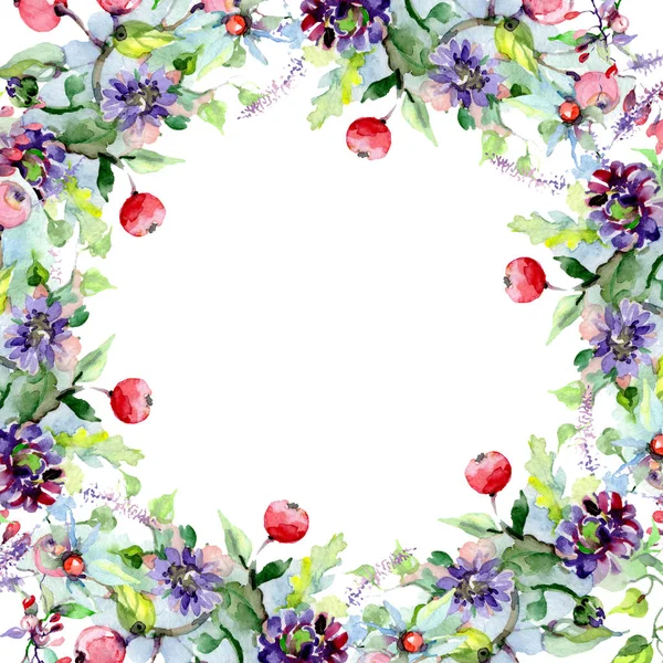 Ramo con flores y bayas. Flor botánica floral. Flor silvestre de hoja de primavera aislada. Conjunto de ilustración de fondo acuarela. Acuarela dibujo moda aquarelle aislado . - foto de stock