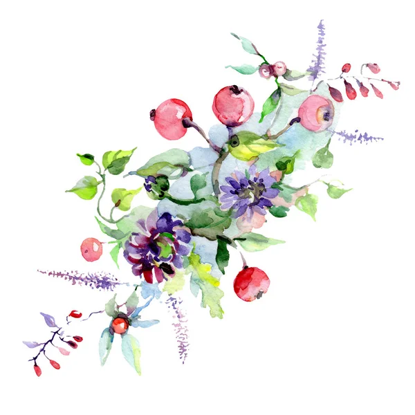 Bouquet con fiori e frutti di bosco. Acquerello sfondo illustrazione set. Elemento di illustrazione bouquet isolato . — Foto stock