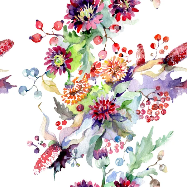 Bouquet con fiori e frutti di bosco. Fiore botanico floreale. Fiore selvatico primaverile isolato. Acquerello sfondo illustrazione set. Acquerello disegno moda acquerello isolato . — Foto stock